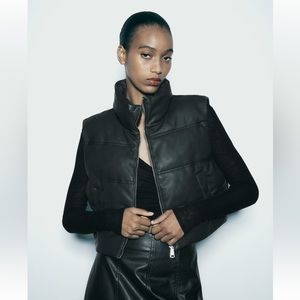 Zara New Black QUILTED FAUX LEATHER CROPPED VEST